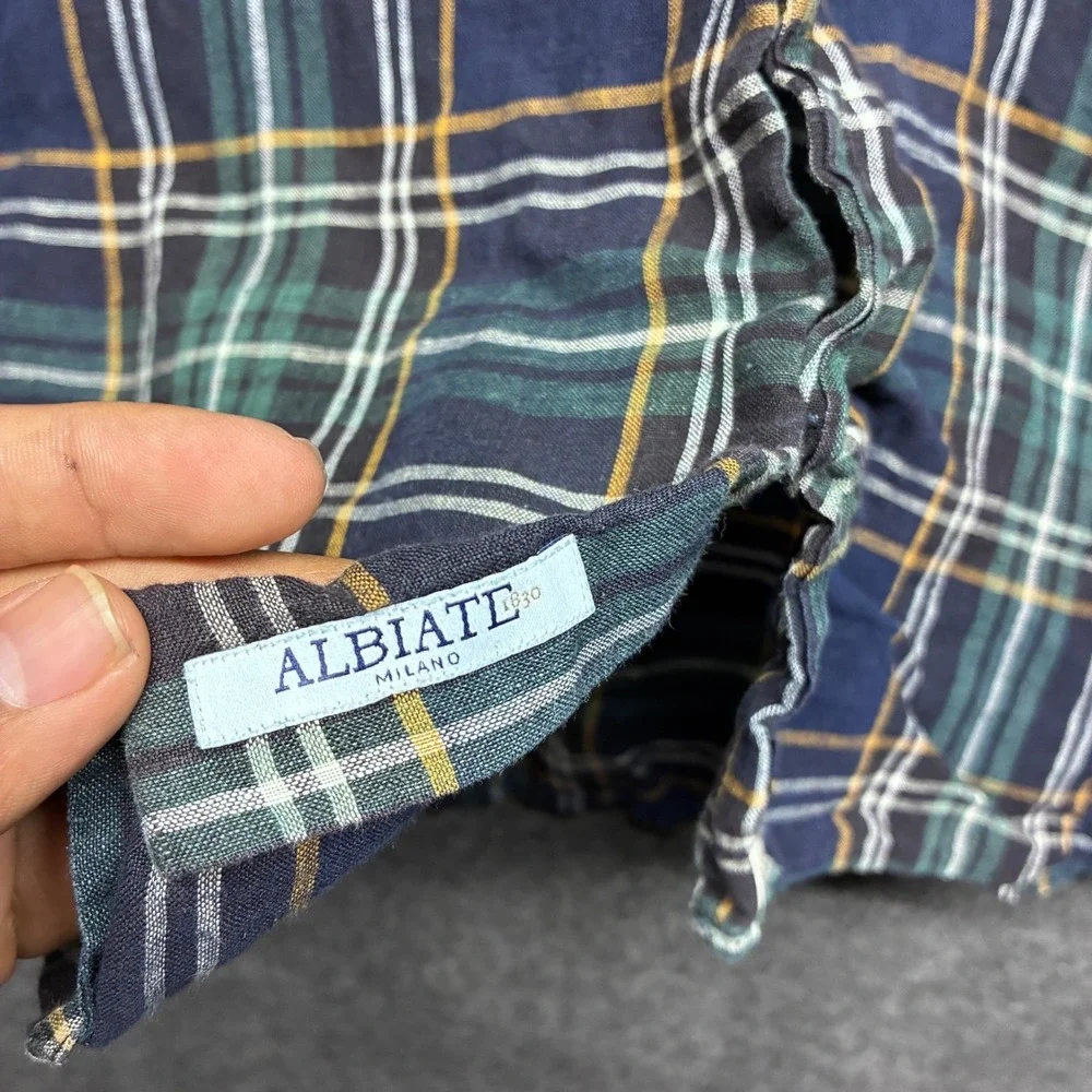 SuitSupply Albiate Milano Men Plaid Button Down Shirt Navy Green 15.5 39‎ SMALL